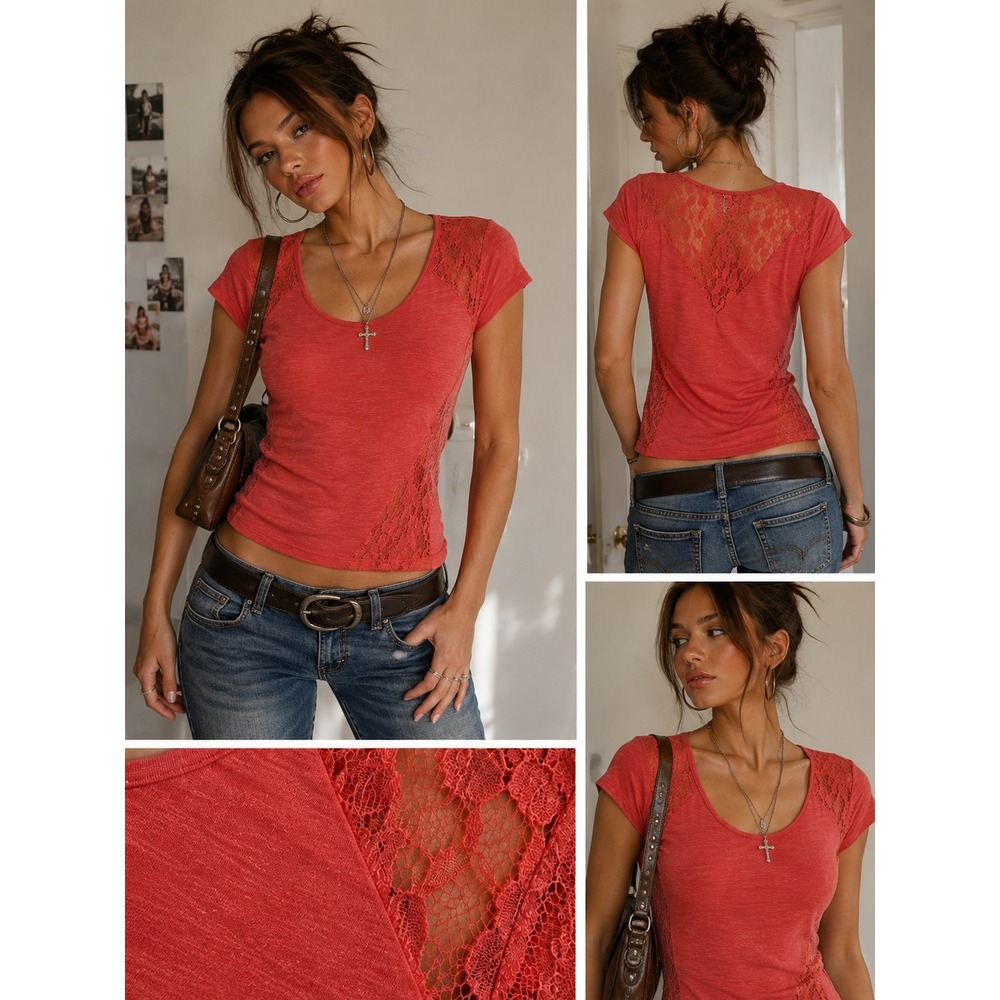 Womens L Coral Red Lace Top‎ Sheer Floral Boho Y2K Short Sleeve Feminine Earthy